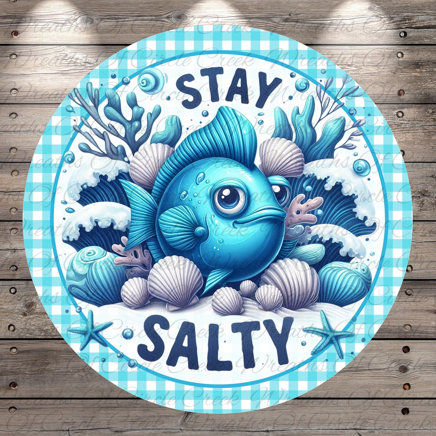 Stay Salty Fish Sign | Lightweight Round Metal Wreath Sign | No Holes in Sign | Coastal Beach House Decor