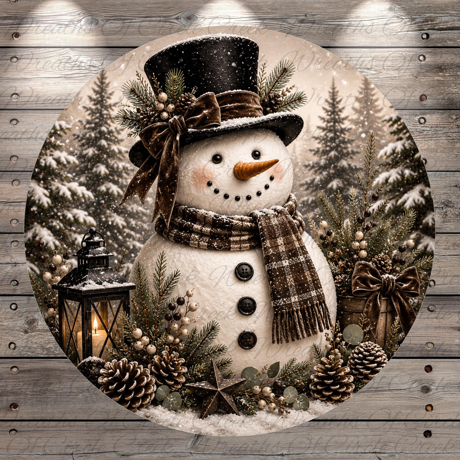 A snowman wearing a top hat and scarf, surrounded by pine cones, pine branches, and a lantern, set against a snowy winter landscape with pine trees.