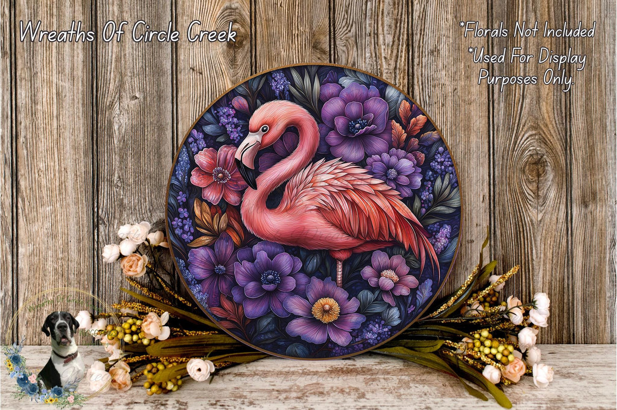 a painting of a pink flamingo surrounded by flowers