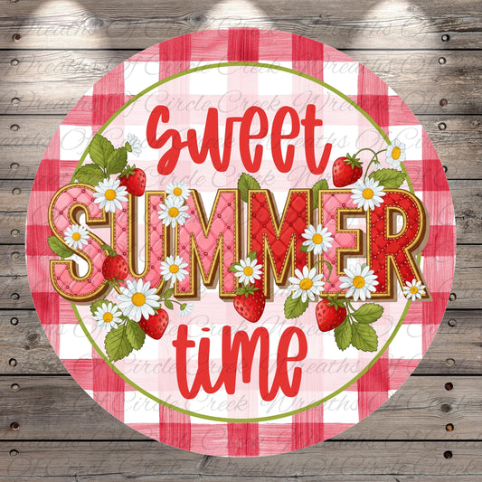 A circular sign with the text "Sweet summer time" written in a decorative font, surrounded by flowers and leaves.