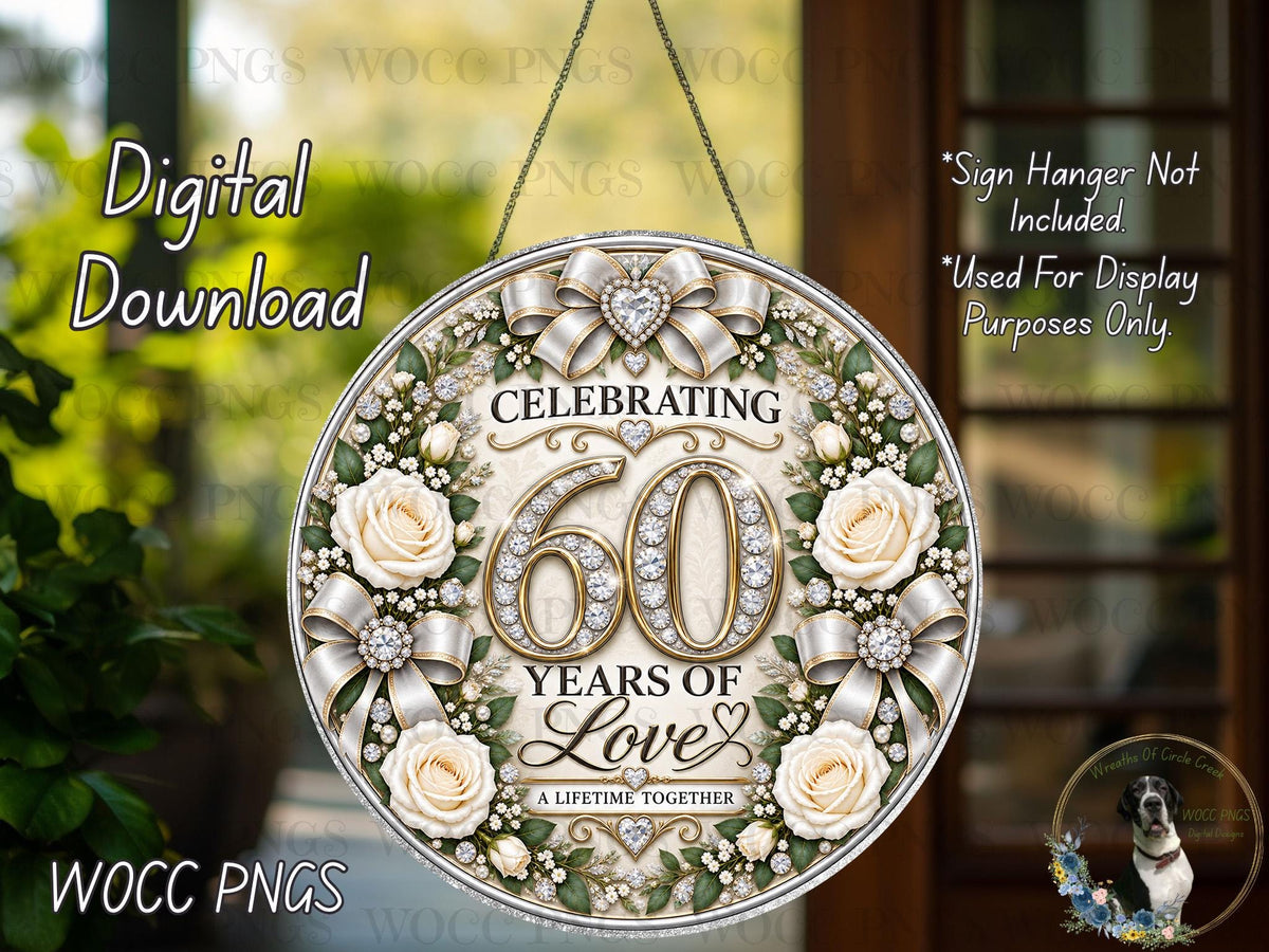 The image is a digital download of a sign that reads "Celebrating 60 Years of Love" with a floral design and a large number "60" in the center.