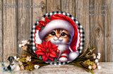 A decorative wreath featuring a cat wearing a Santa hat, surrounded by a bouquet of flowers and greenery, with a wooden background.