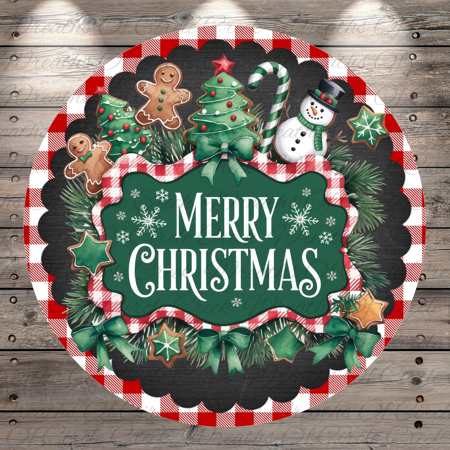 Merry Christmas Sign | Gingerbread and Candy Cane Wreath | Lightweight Round Metal Wreath Sign | No Holes | Holiday Home Decor