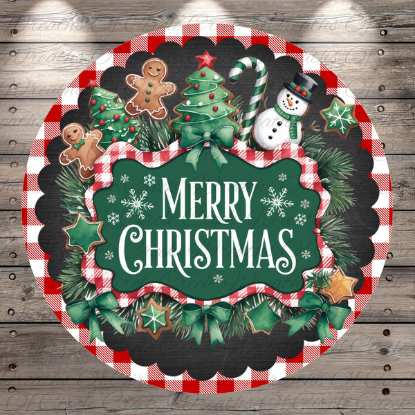 Merry Christmas Sign | Gingerbread and Candy Cane Wreath | Lightweight Round Metal Wreath Sign | No Holes | Holiday Home Decor