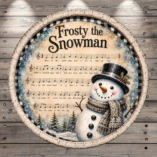 A snowman wearing a top hat and scarf, with sheet music for a song titled "Frosty the Snowman" displayed around it, set against a snowy winter landscape.