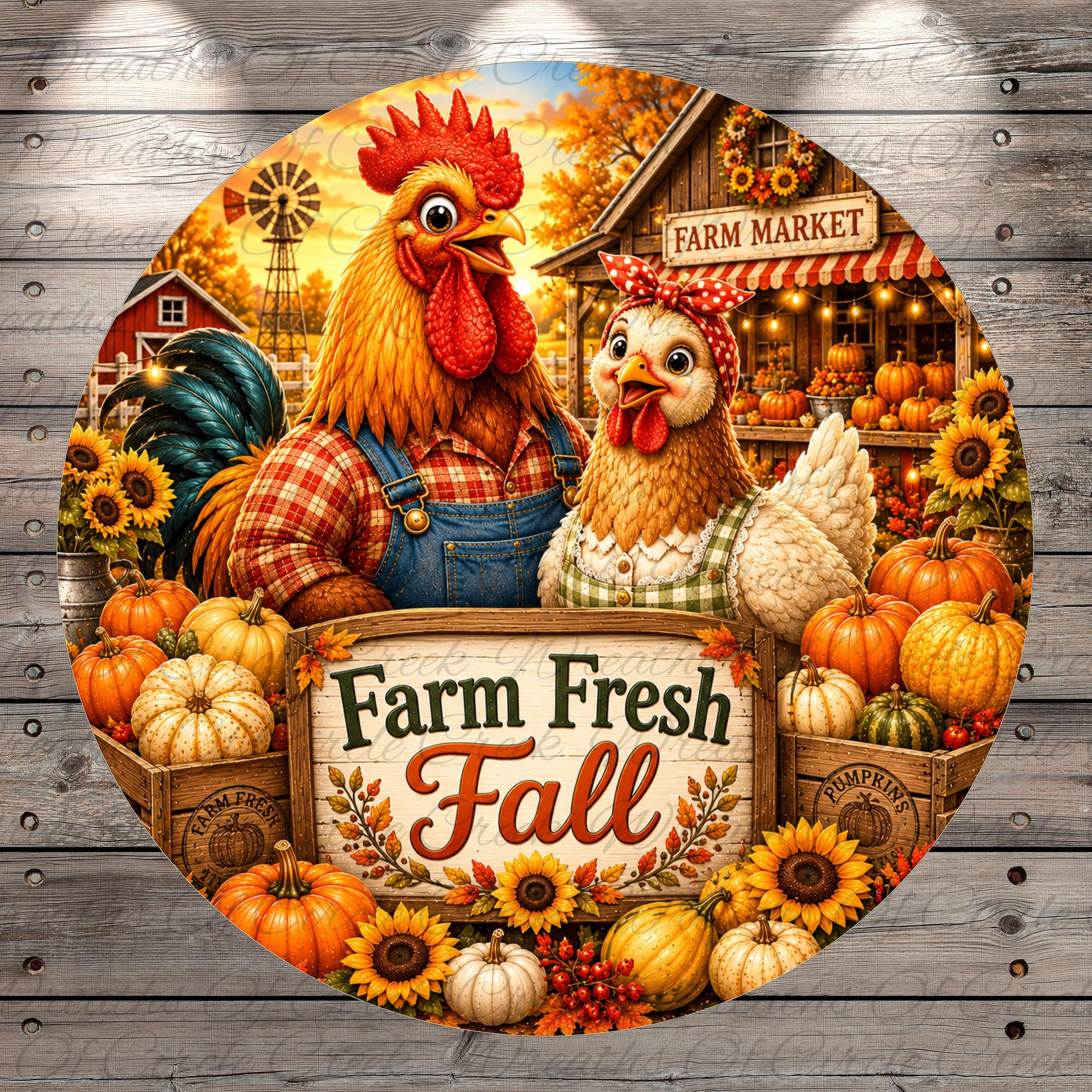 A vibrant illustration depicting a farm scene with a rooster, a chicken, and various fall-themed elements such as pumpkins, sunflowers, and a sign that reads "Farm Fresh Fall".