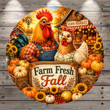 A vibrant illustration depicting a farm scene with a rooster, a chicken, and various fall-themed elements such as pumpkins, sunflowers, and a sign that reads "Farm Fresh Fall".