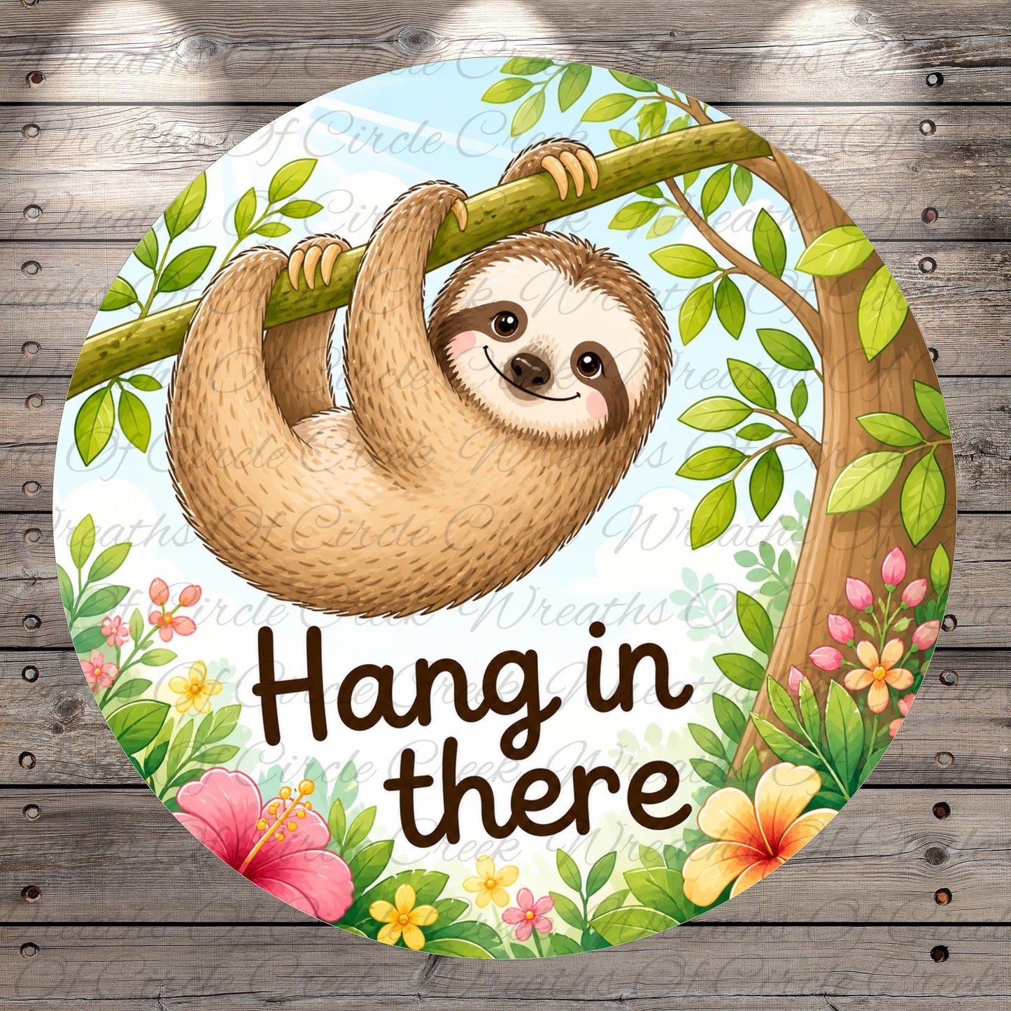A smiling sloth hanging from a tree branch in a lush, colorful forest setting.