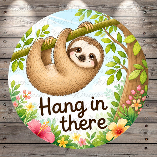 A smiling sloth hanging from a tree branch in a lush, colorful forest setting.