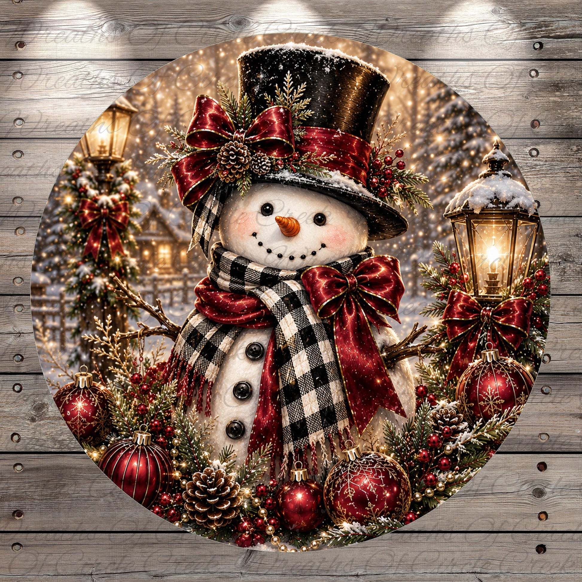 A festive Christmas scene featuring a snowman adorned with a top hat, red bow, and scarf, surrounded by ornaments, lights, and a wreath.