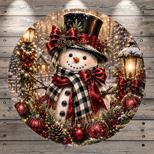 A festive Christmas scene featuring a snowman adorned with a top hat, red bow, and scarf, surrounded by ornaments, lights, and a wreath.