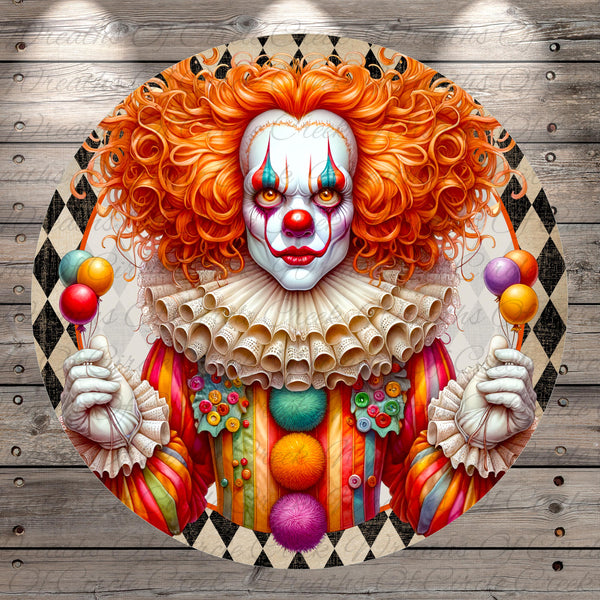 A colorful and whimsical illustration of a clown with an orange wig, red nose, and a white face, holding a bunch of balloons.