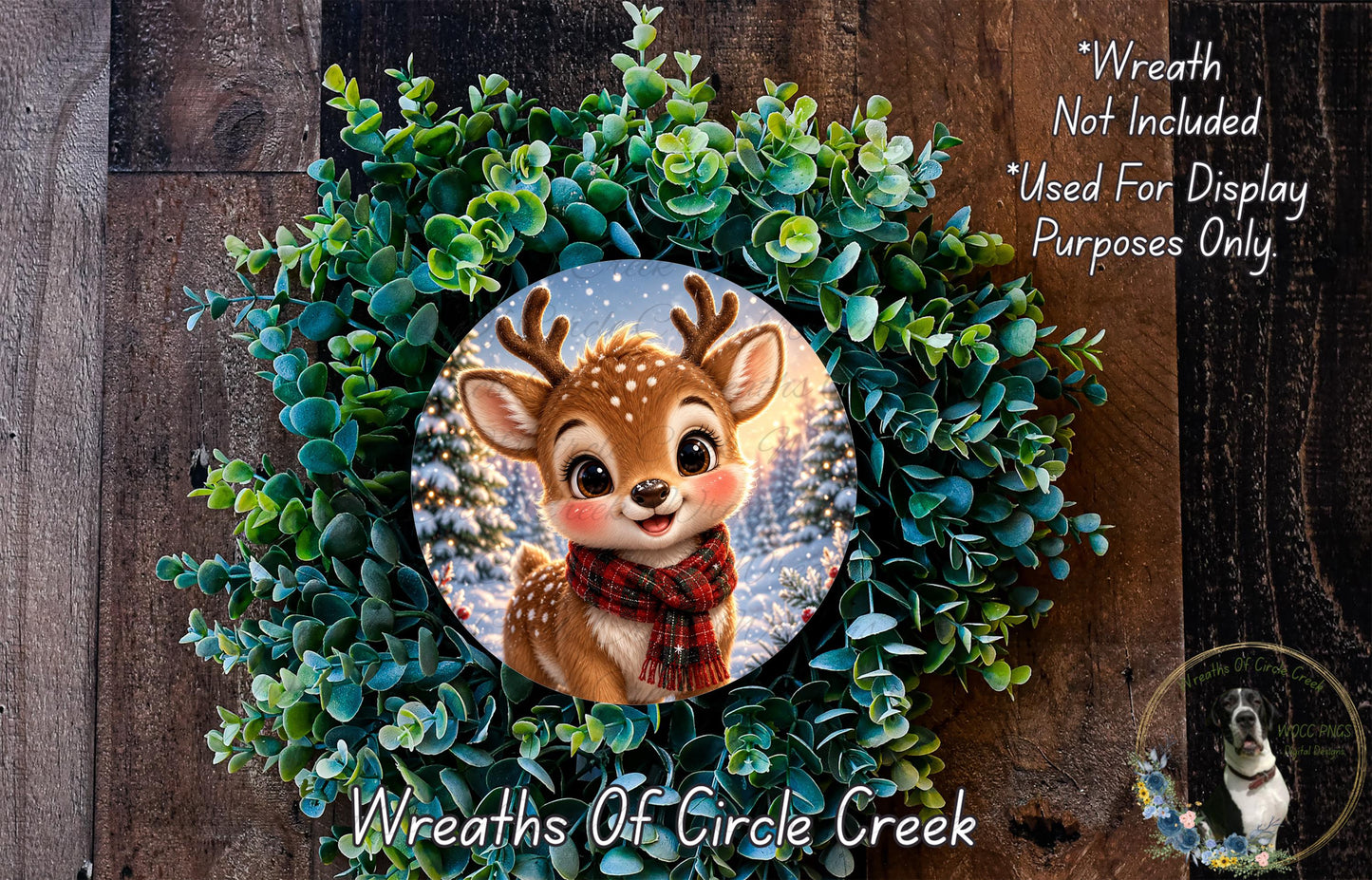 A wreath featuring a cartoon deer wearing a scarf, surrounded by green foliage.