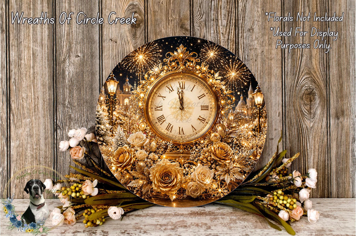 A decorative clock with a golden frame and a wreath of flowers surrounding it, set against a wooden background.
