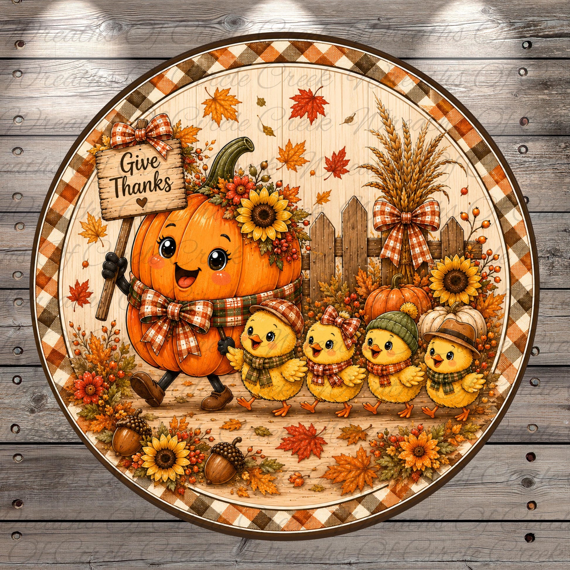 A cheerful illustration depicting a pumpkin character surrounded by four cheerful yellow chicks, with a sign that says "Give Thanks" and autumn-themed decorations such as leaves, flowers, and a wooden fence.