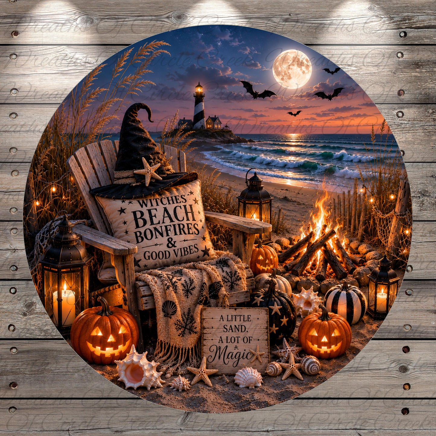 A Halloween-themed scene with a lighthouse, pumpkins, lanterns, and a bonfire on a beach at night.