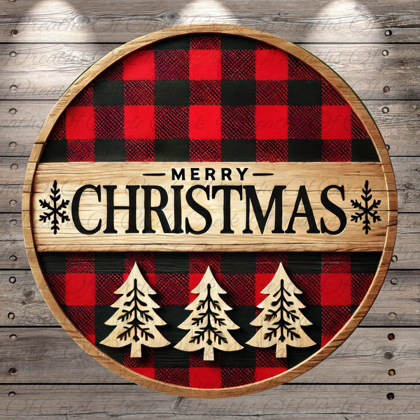 A circular wooden sign with a red and black plaid pattern, featuring the text "MERRY CHRISTMAS" in bold black letters. The sign is surrounded by three wooden Christmas trees, creating a festive and holiday-themed design.