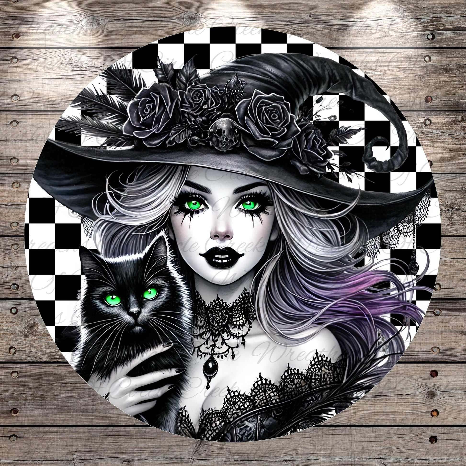 A digital illustration of a woman with striking green eyes, wearing a black hat adorned with roses, holding a black cat with glowing green eyes.