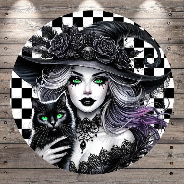 A digital illustration of a woman with striking green eyes, wearing a black hat adorned with roses, holding a black cat with glowing green eyes.