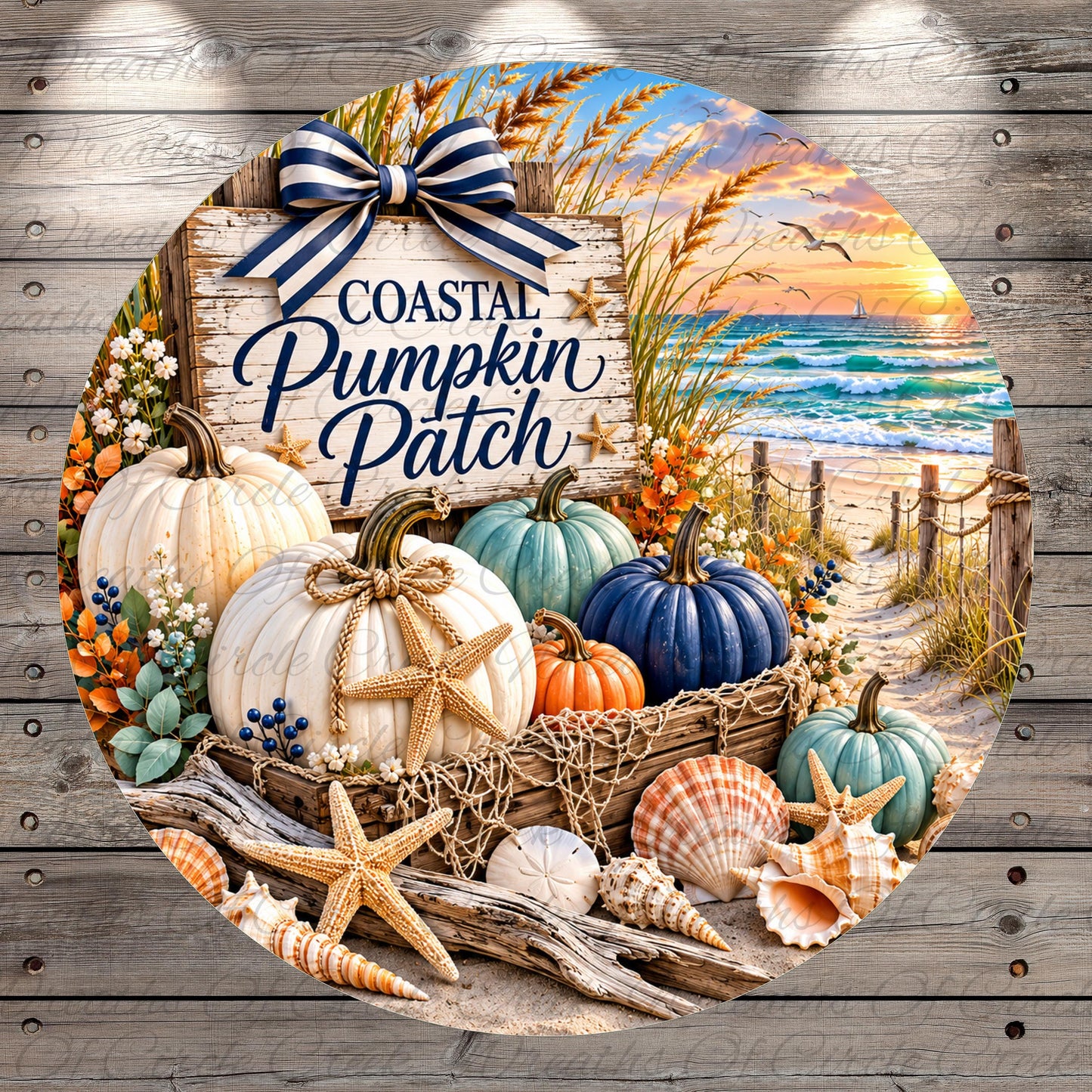 The image is a decorative collage featuring a coastal pumpkin patch with pumpkins, seashells, and starfish arranged on a wooden surface. The background depicts a beach scene with the ocean and a sunset.