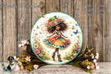 A round decorative plate featuring a whimsical illustration of a young girl with curly hair, wearing a colorful dress and a hat, surrounded by flowers and butterflies.