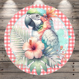 A colorful parrot with a green head and a pink hibiscus flower is depicted in a circular frame with a red and white checkered border.