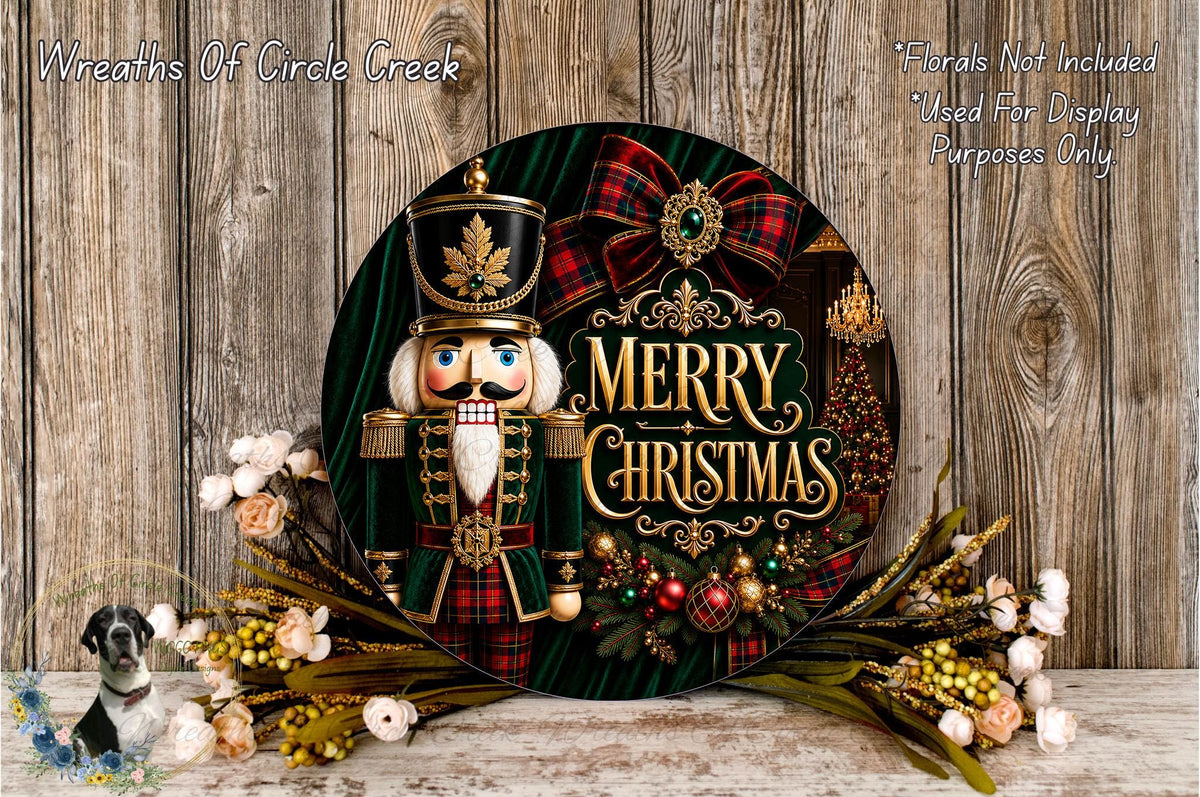 A festive Christmas wreath with a nutcracker soldier figure, surrounded by flowers and greenery. The wreath has a "Merry Christmas" message and is displayed on a wooden background.