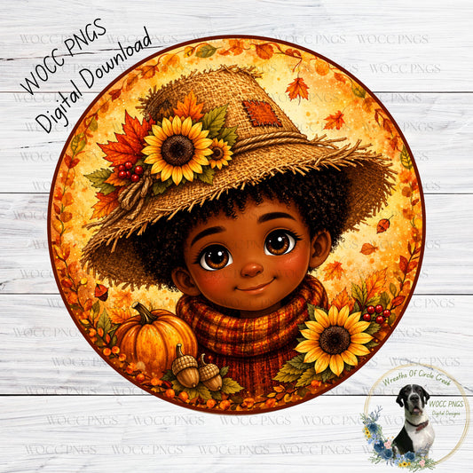 A digital illustration of a young girl wearing a straw hat with sunflowers and autumn leaves, surrounded by pumpkins, acorns, and a dog.