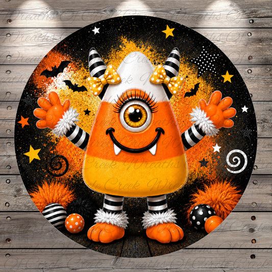 A whimsical, cartoonish monster with a candy cane body, large eyes, and a big smile, surrounded by Halloween-themed elements such as bats, stars, and a wooden background.