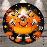 A whimsical, cartoonish monster with a candy cane body, large eyes, and a big smile, surrounded by Halloween-themed elements such as bats, stars, and a wooden background.
