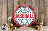 a circular sign with the text "EAT SLEEP BASEBALL REPEAT" in red and white, surrounded by a wreath of flowers and a wooden background.