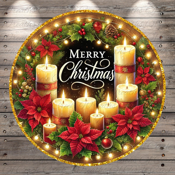 A festive Christmas wreath with lit candles, poinsettias, and other holiday decorations. The wreath is surrounded by a golden border and has the text "Merry Christmas" written on it.