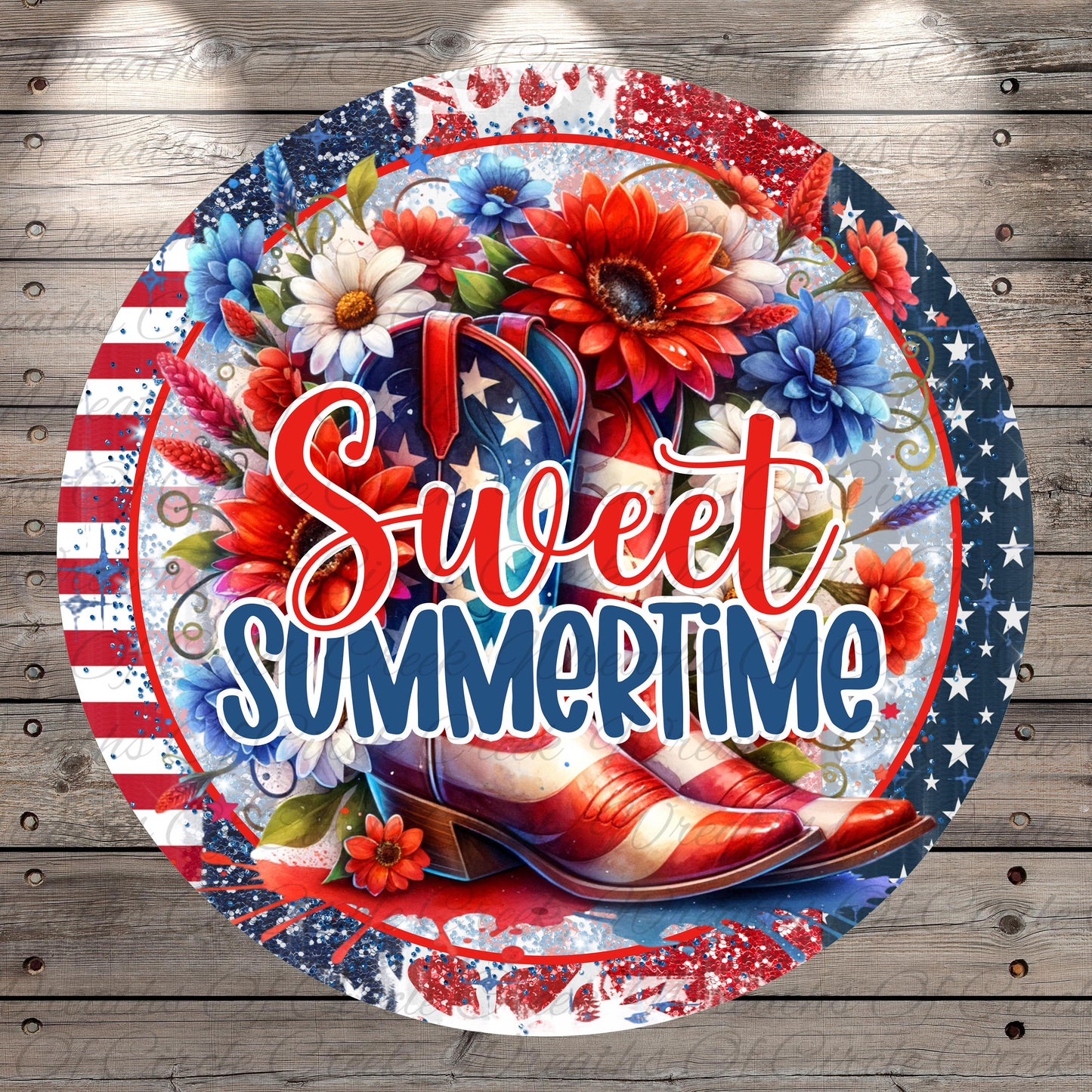 A circular design featuring a vibrant floral arrangement with red, white, and blue colors, along with a pair of red and white cowboy boots. The text "Sweet Summertime" is prominently displayed in the center of the design.
