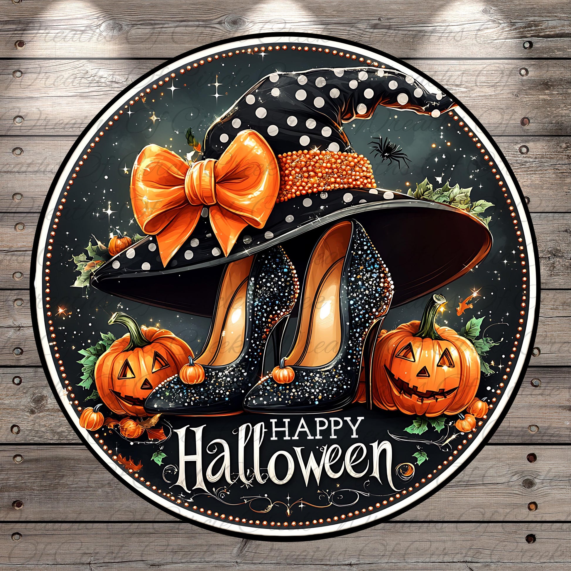 A Halloween-themed illustration featuring a witch's hat with a large bow, a pair of high-heeled shoes, two carved jack-o'-lanterns, and the text "Happy Halloween".
