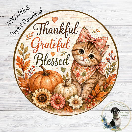 A digital illustration of a cat wearing a bow and surrounded by autumn-themed elements, including pumpkins, flowers, and leaves, with the text "Thankful, Grateful, Blessed" written above the cat.