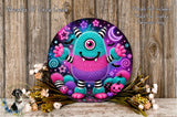 A whimsical, colorful monster-themed wreath with a starry night sky background, surrounded by flowers and pumpkins.