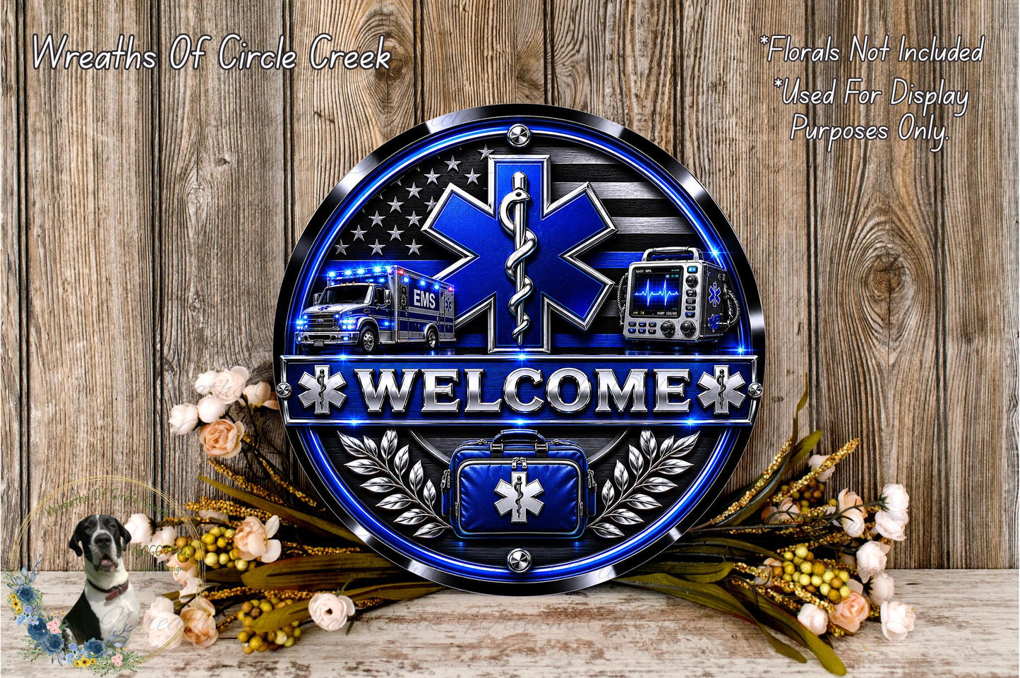 a welcome sign with a blue and silver design, surrounded by flowers and a wooden background.