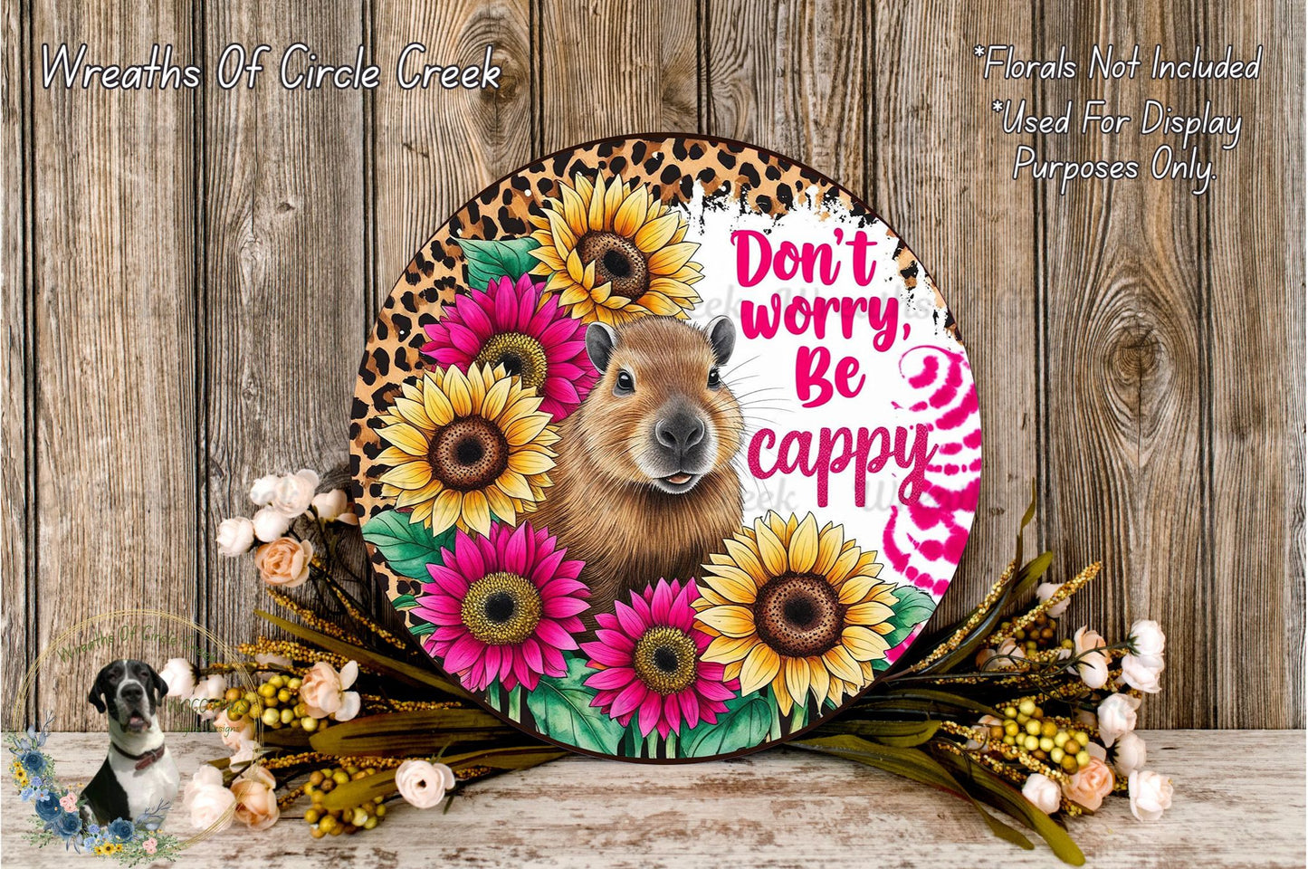 a picture of a dog surrounded by flowers