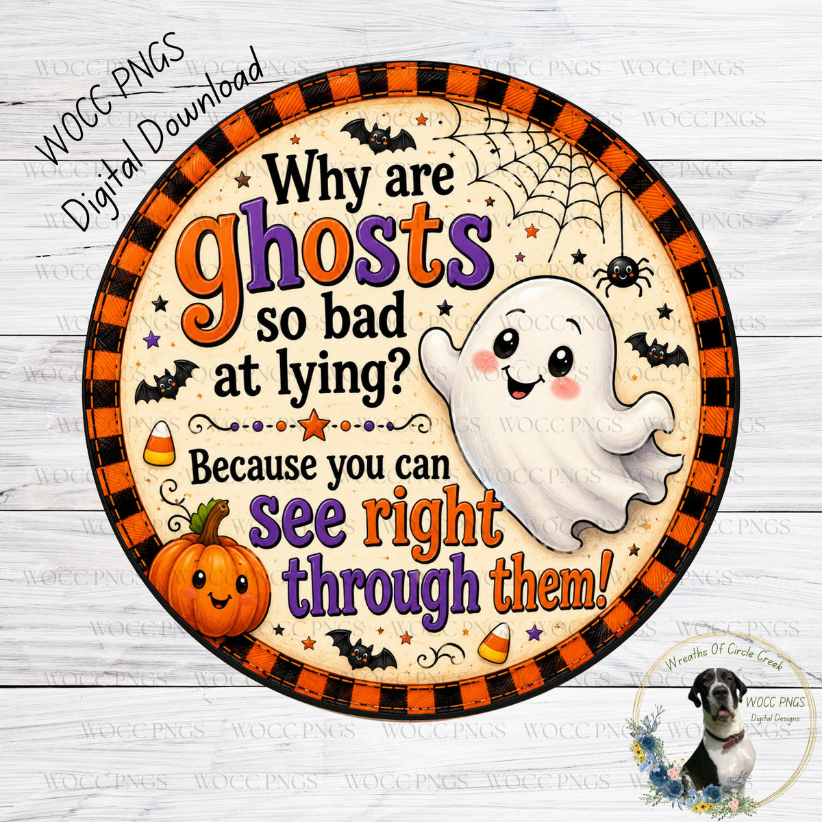 The image is a Halloween-themed illustration featuring a ghost, a pumpkin, and bats. The text on the illustration includes a humorous question about why ghosts are bad at lying and a response that they can see right through them.