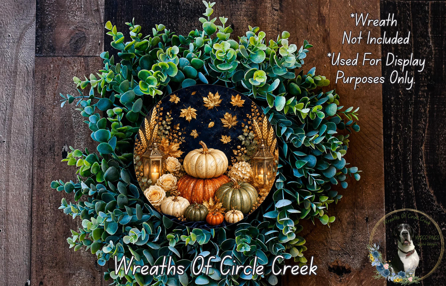 a wreath made of various fall-themed elements, including pumpkins, gourds, and greenery, set against a dark background.