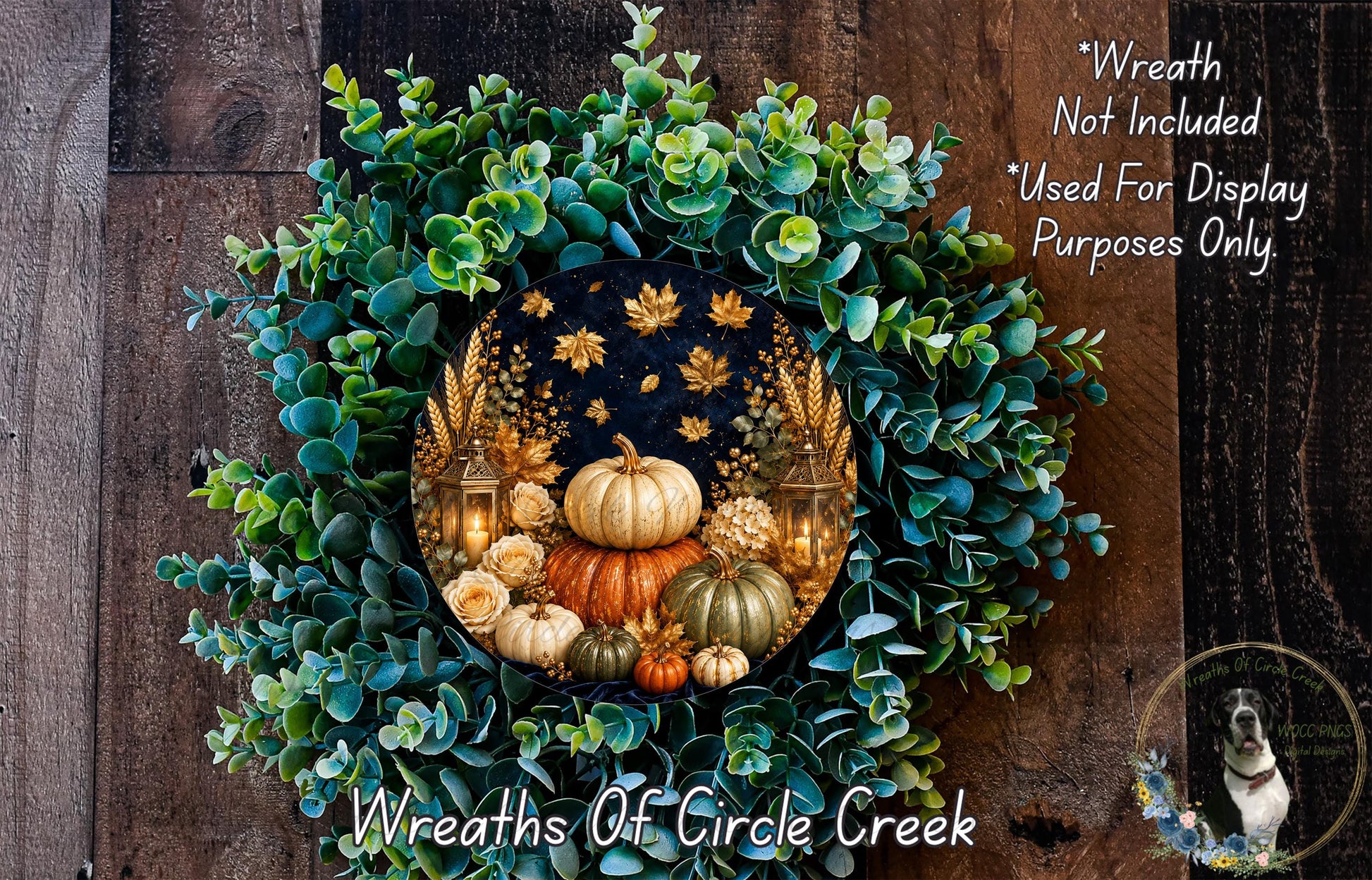 a wreath made of various fall-themed elements, including pumpkins, gourds, and greenery, set against a dark background.