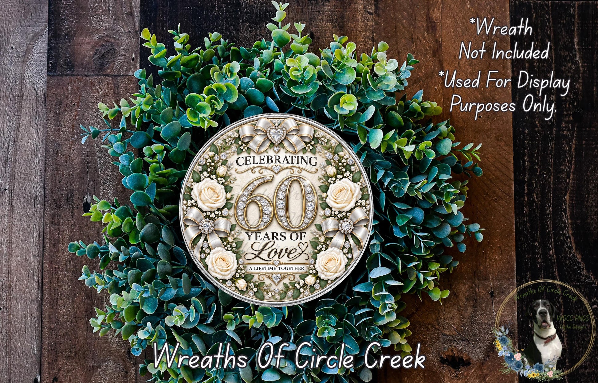 a wreath celebrating 60 years of love, with a large circular plaque in the center displaying the text "Celebrating 60 Years of Love" surrounded by floral elements.