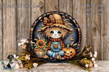 A decorative plate featuring a scarecrow with a pumpkin, flowers, and a bow, set against a wooden background.