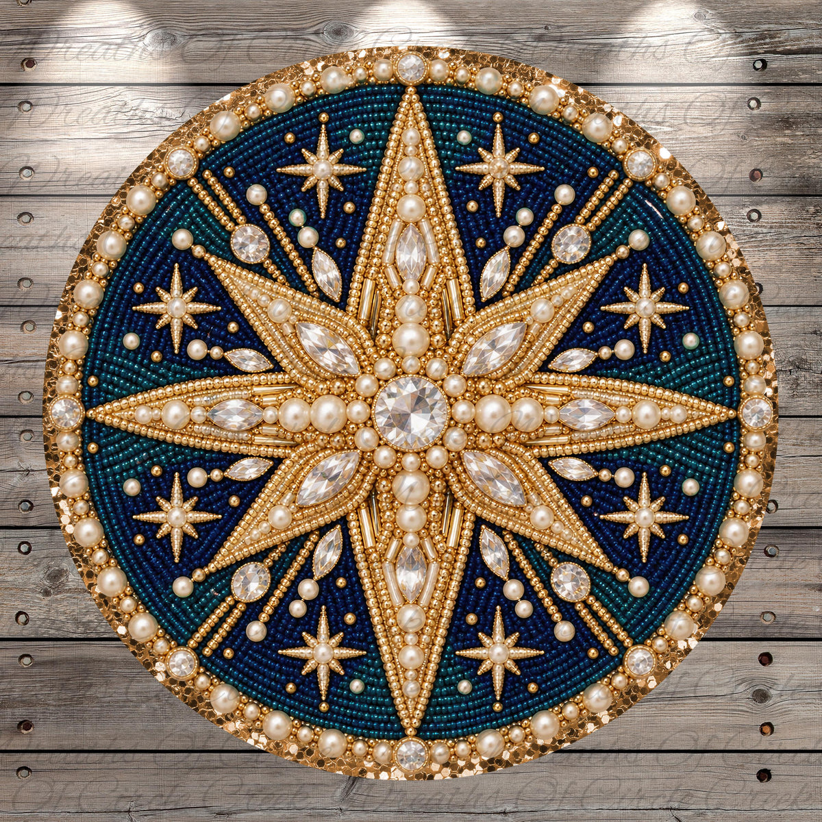 a circular design with a star pattern, adorned with numerous pearls and gemstones in shades of blue and gold.
