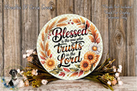 A decorative wreath with a message about trust in the Lord, surrounded by flowers and placed on a wooden surface.