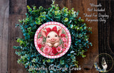 A wreath made of green foliage and pink flowers, with a pig wearing a red bow on top. The wreath is displayed on a wooden surface, and there is a text overlay that reads "Wreath Not Included * Used For Display Purposes Only".