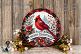 A festive Christmas wreath with a red cardinal bird, surrounded by red and white plaid accents, red berries, and a "Merry Christmas" banner. The wreath is displayed on a wooden surface, with a small bouquet of flowers and greenery to the side.
