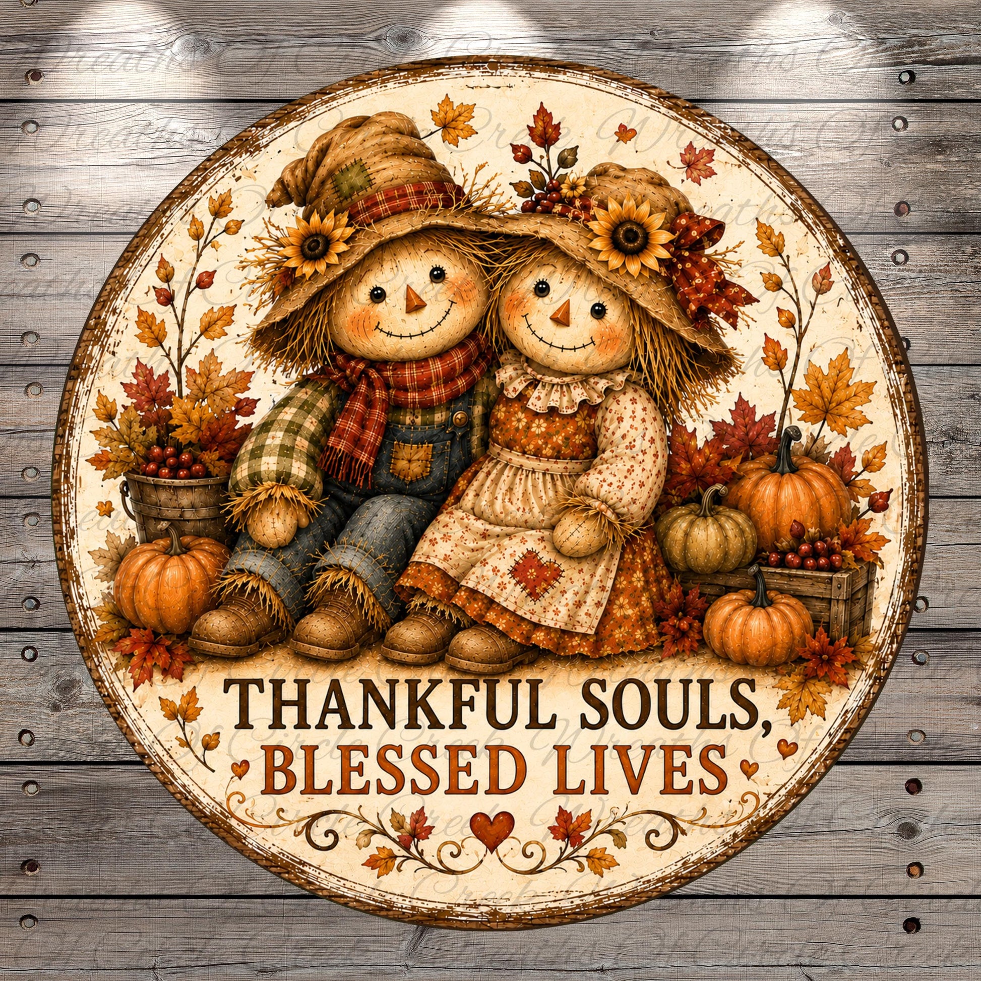 A round, decorative sign featuring two scarecrow dolls, a pumpkin, and autumn leaves, with the text "THANKFUL SOULS BLESSED LIVES" written on it.