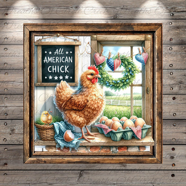 A framed illustration depicting a chicken standing on a windowsill, surrounded by farm-related items such as eggs, a wreath, and a sign that reads "All American Chick".
