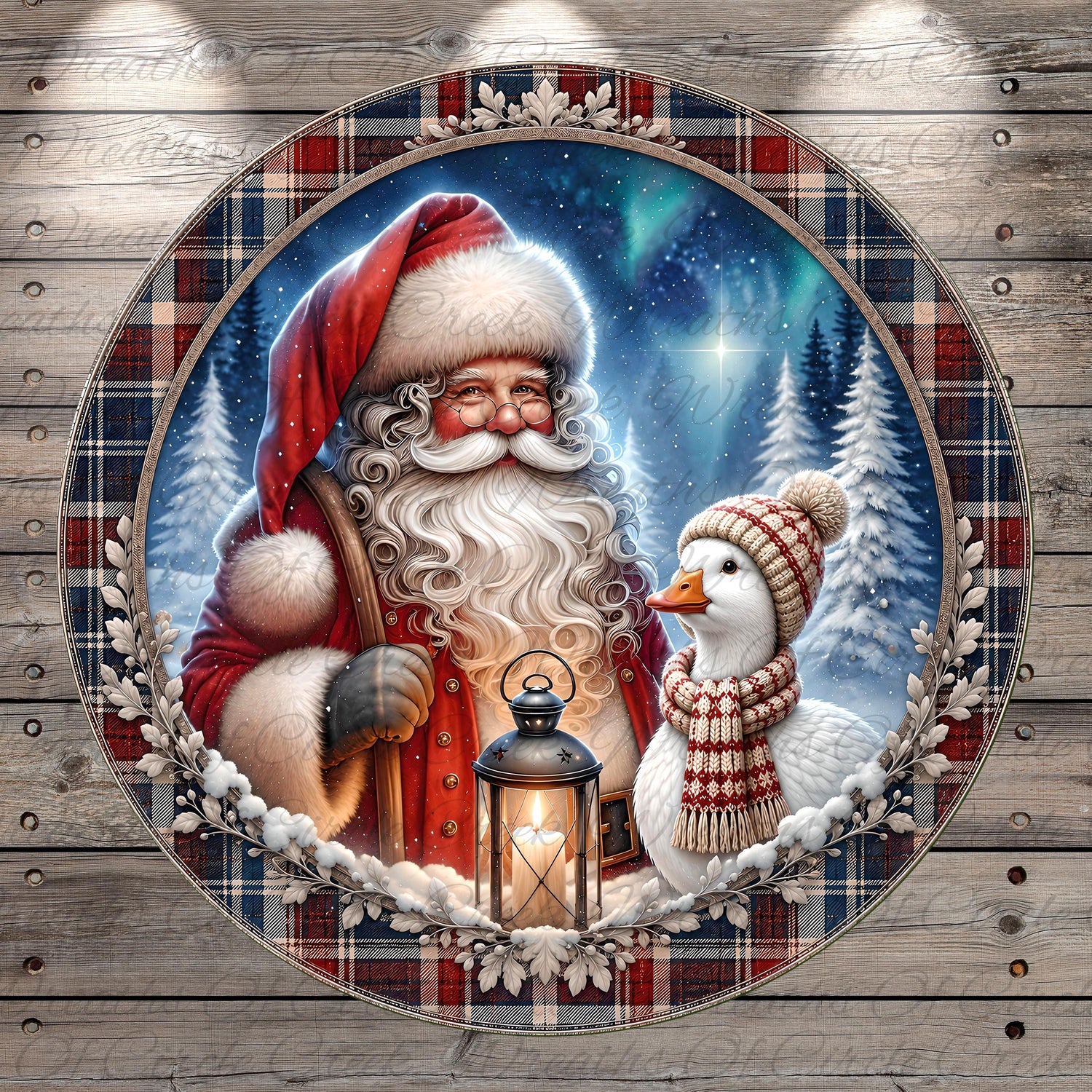 Santa Claus and a duck in a snowy winter scene, with a lantern and a pine tree in the background.
